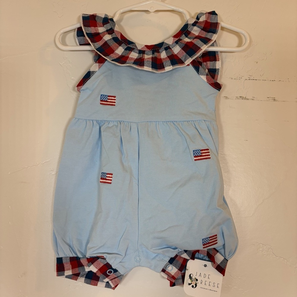 New Abby & Evie Girl 3M Romper Patriotic Embroidered July Flag America Fisherman